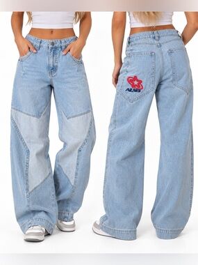 ALAB Y2K Baggy Wide Leg Jeans Light Wash Embroidered Skate Jeans Size 27